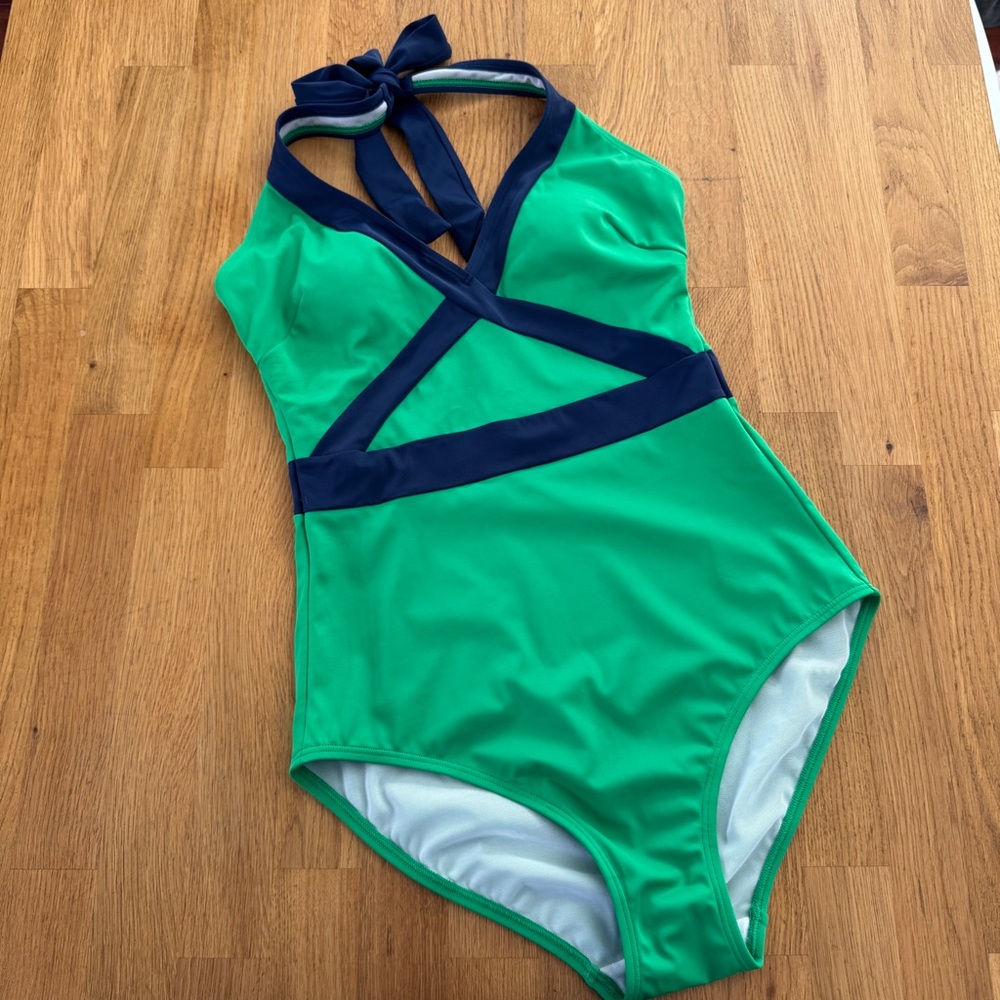 Boden Kefalonia 6 LONG Blue Green Color Block Halter Neck Swimsuit